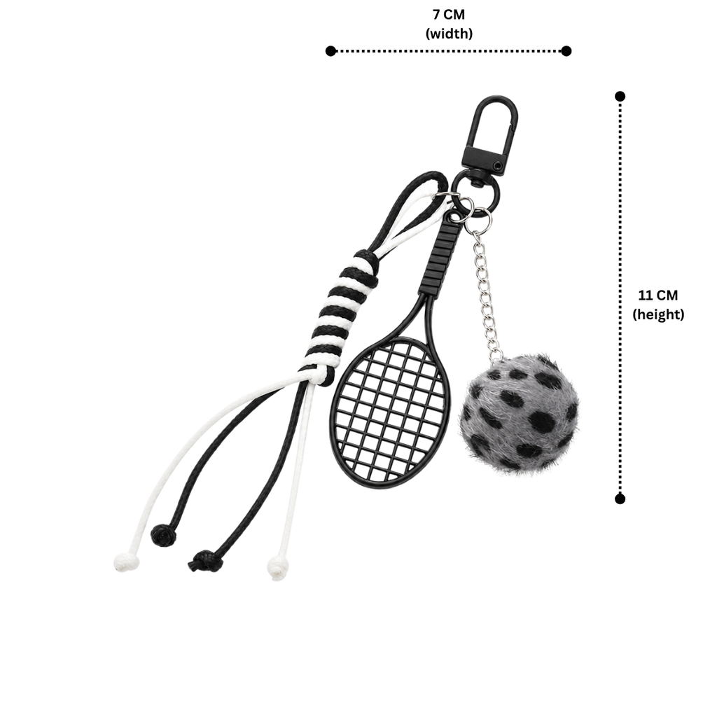 Black Sports Keychain Charm with Tennis Racket, Fuzzy Ball & Braided Cord