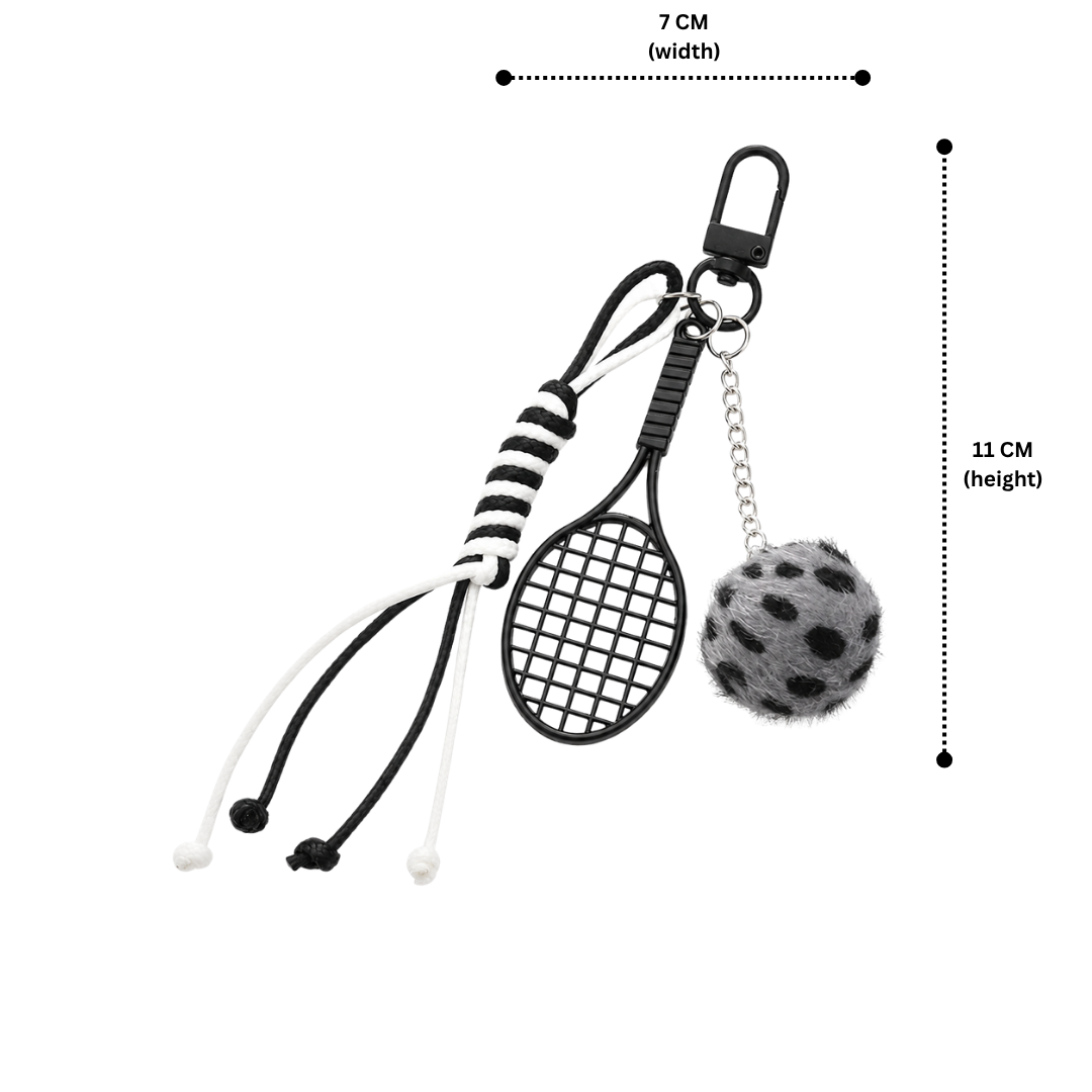 Black Sports Keychain Charm with Tennis Racket, Fuzzy Ball & Braided Cord