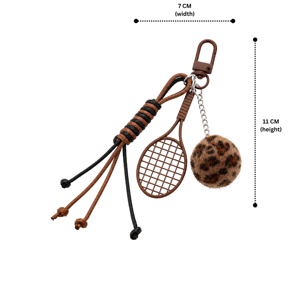Brown Sports Keychain Charm with Tennis Racket, Leopard Fuzzy Ball & Braided Cord