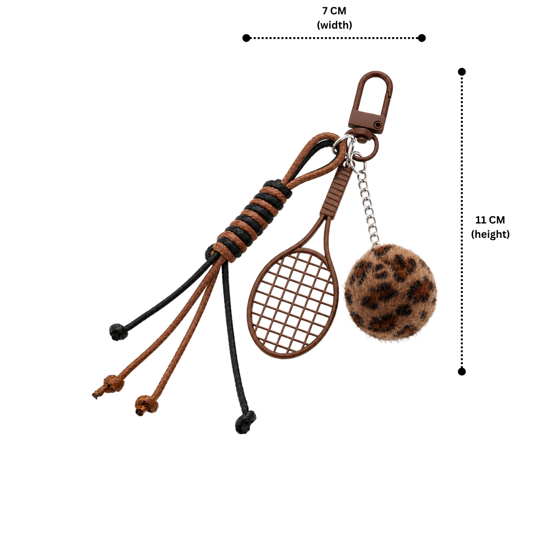 Brown Sports Keychain Charm with Tennis Racket, Leopard Fuzzy Ball & Braided Cord