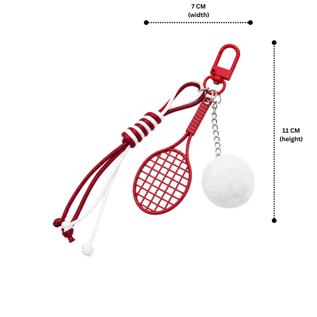 Red Sports Keychain Charm with Tennis Racket, White Fuzzy Ball & Braided Cord