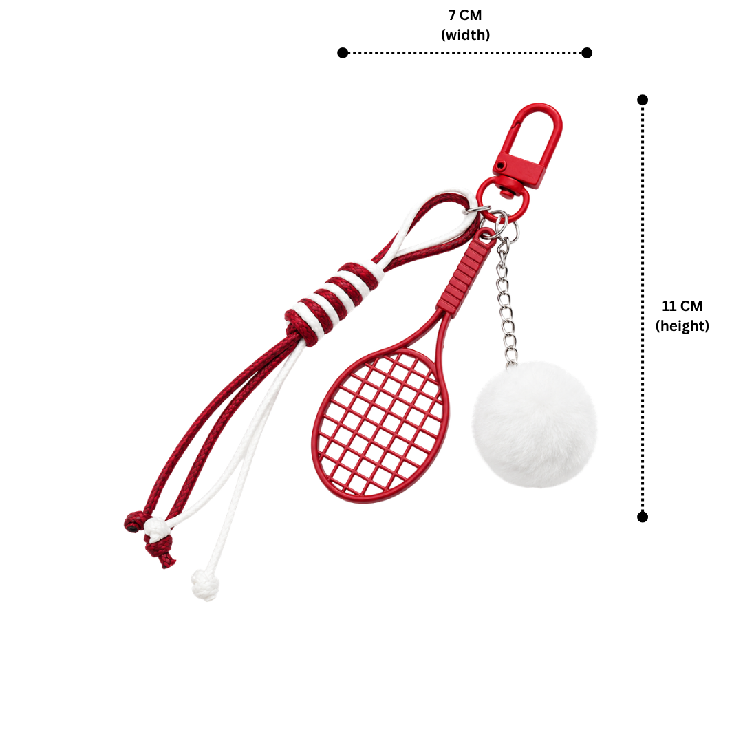Red Sports Keychain Charm with Tennis Racket, White Fuzzy Ball & Braided Cord