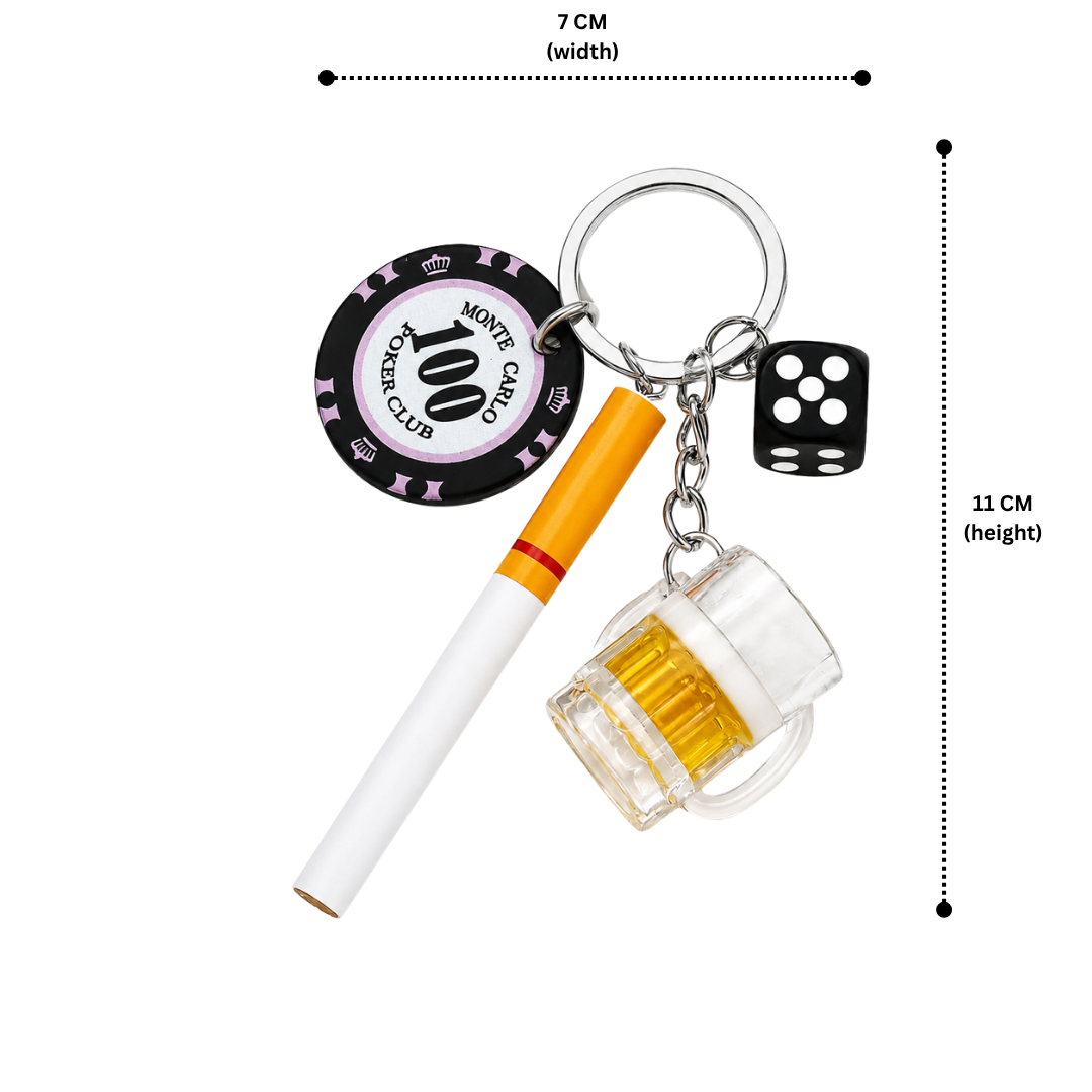 Casino Night Keychain Charm with Cigarette, Beer Mug, Dice & Poker Chip