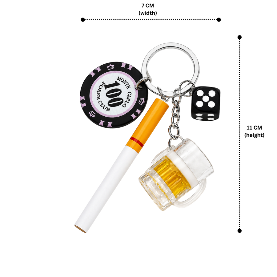 Casino Night Keychain Charm with Cigarette, Beer Mug, Dice & Poker Chip