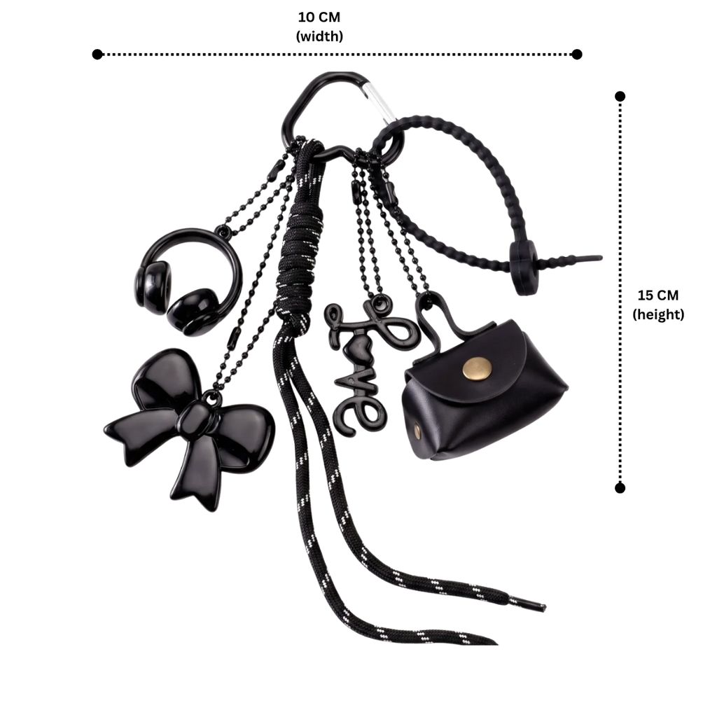 Black Minimalist Bag Charm with Bow, Headphones, Mini Coin Pouch & Love Charm