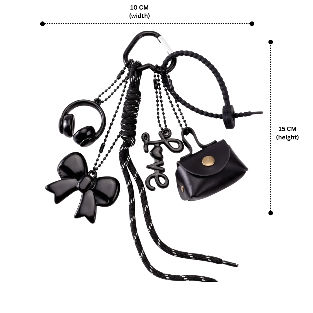Black Minimalist Bag Charm with Bow, Headphones, Mini Coin Pouch & Love Charm