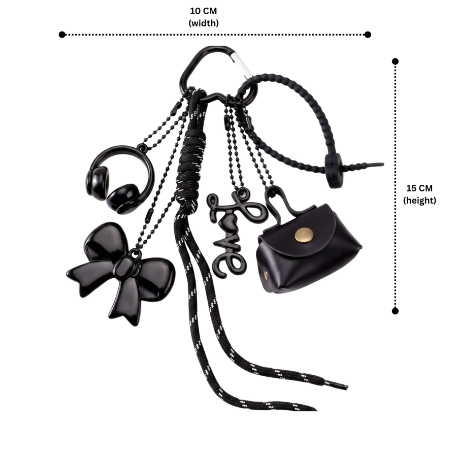 Black Minimalist Bag Charm with Bow, Headphones, Mini Coin Pouch & Love Charm