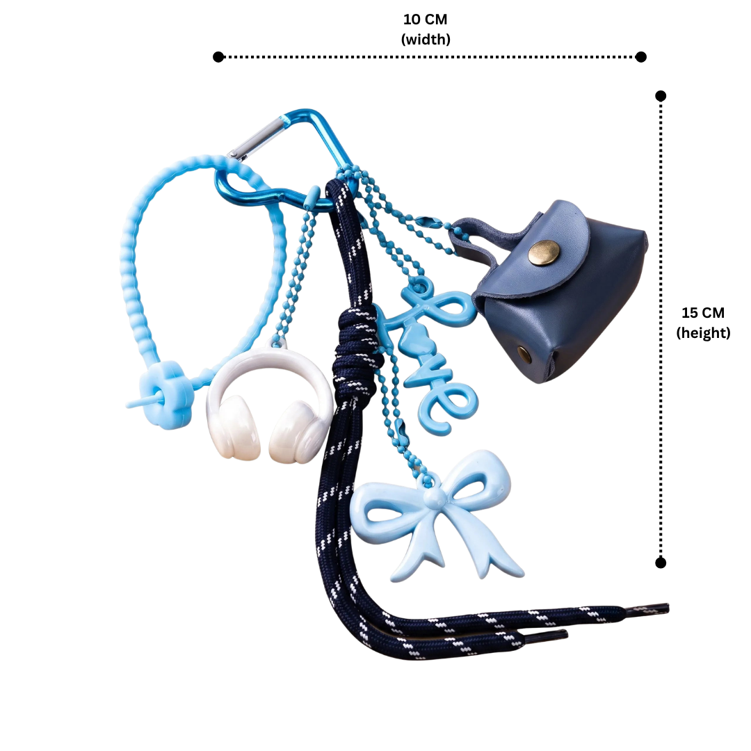 Blue Aesthetic Bag Charm with Bow, Headphones, Mini Coin Pouch & Love Charm