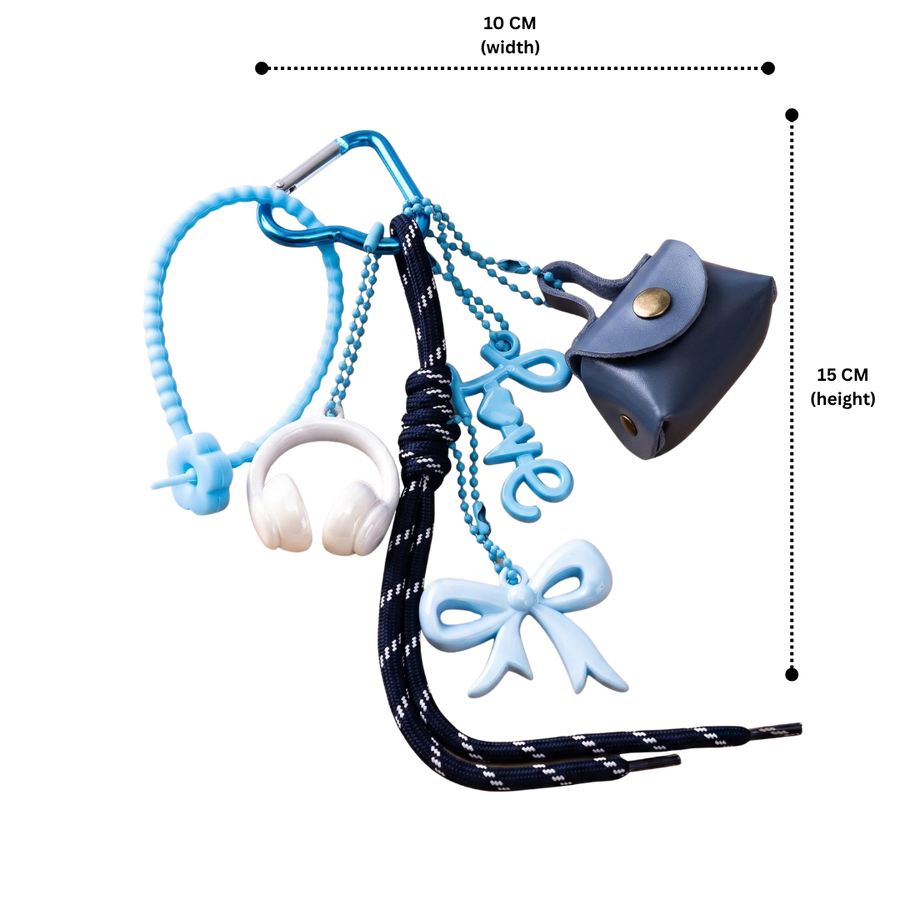 Blue Aesthetic Bag Charm with Bow, Headphones, Mini Coin Pouch & Love Charm