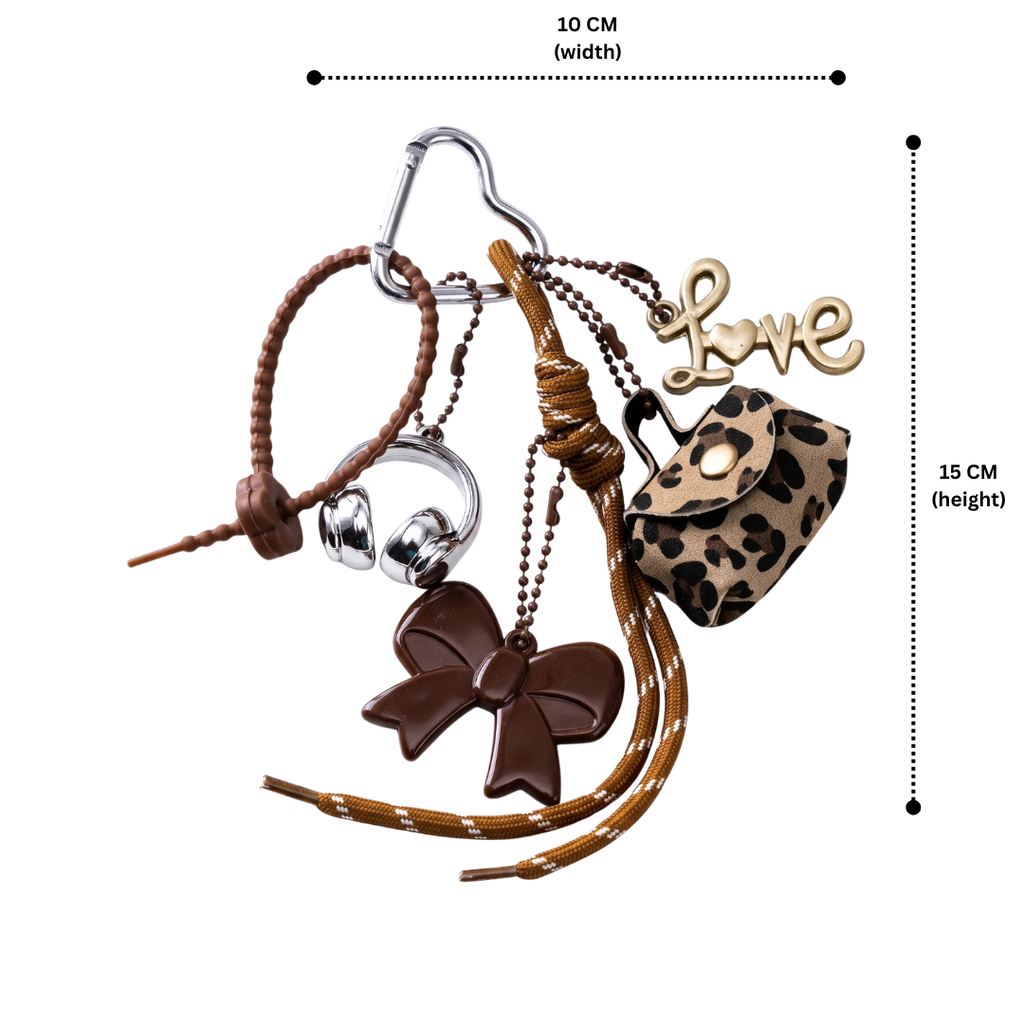 Brown Aesthetic Bag Charm with Bow, Headphones, Leopard Coin Pouch & Love Charm