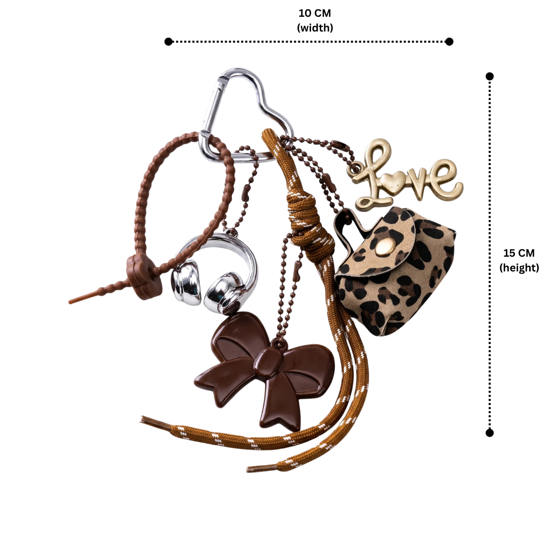 Brown Aesthetic Bag Charm with Bow, Headphones, Leopard Coin Pouch & Love Charm
