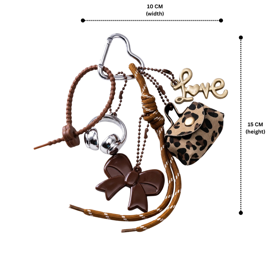Brown Aesthetic Bag Charm with Bow, Headphones, Leopard Coin Pouch & Love Charm