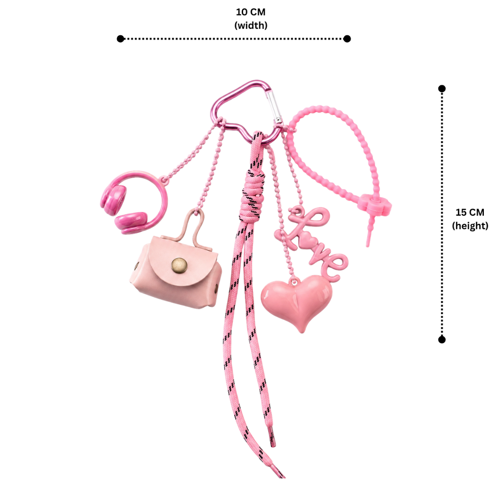 Pink Aesthetic Bag Charm with Heart, Headphones, Mini Coin Pouch & Love Ch