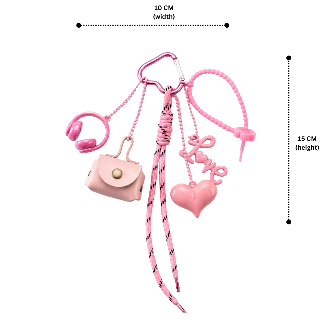 Pink Aesthetic Bag Charm with Heart, Headphones, Mini Coin Pouch & Love Ch