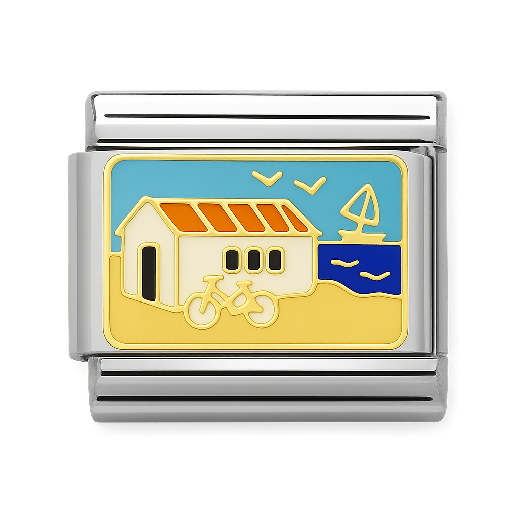 Beach House with Bicycle and Sailboat Silver Charm