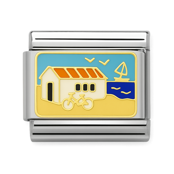 Beach House with Bicycle and Sailboat Silver Charm
