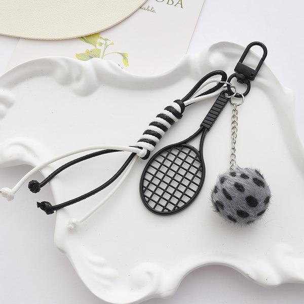 Black Sports Keychain Charm with Tennis Racket, Fuzzy Ball & Braided Cord
