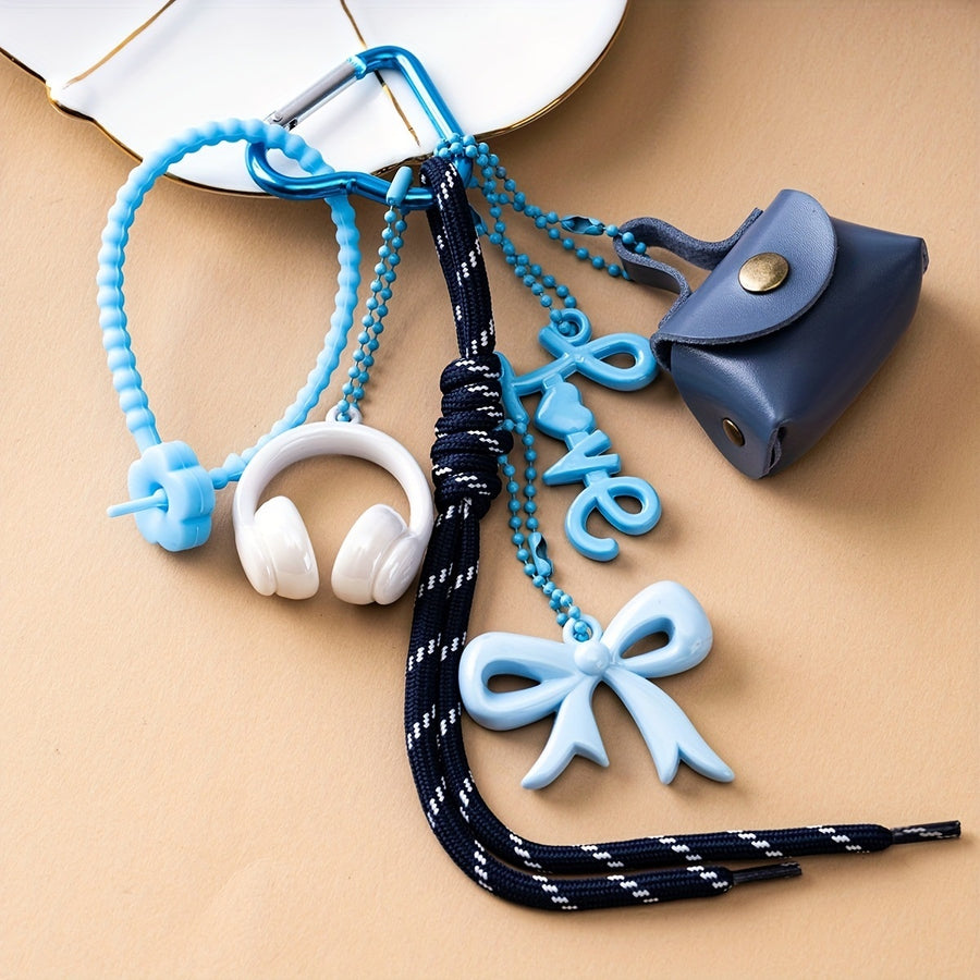 Blue Aesthetic Bag Charm with Bow, Headphones, Mini Coin Pouch & Love Charm