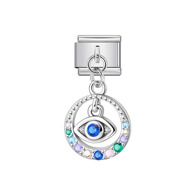 Blue Evil Eye Crystal Dangle Silver Charm