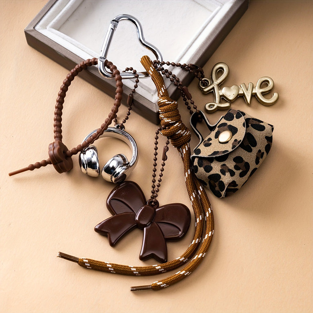 Brown Aesthetic Bag Charm with Bow, Headphones, Leopard Coin Pouch & Love Charm