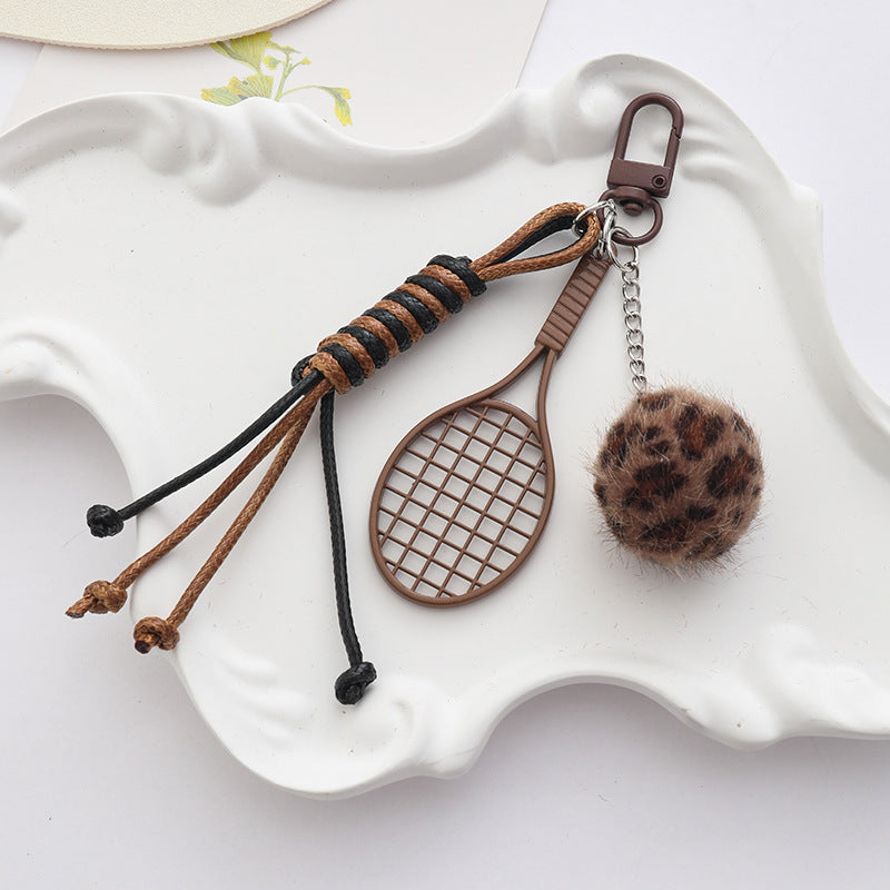 Brown Sports Keychain Charm with Tennis Racket, Leopard Fuzzy Ball & Braided Cord