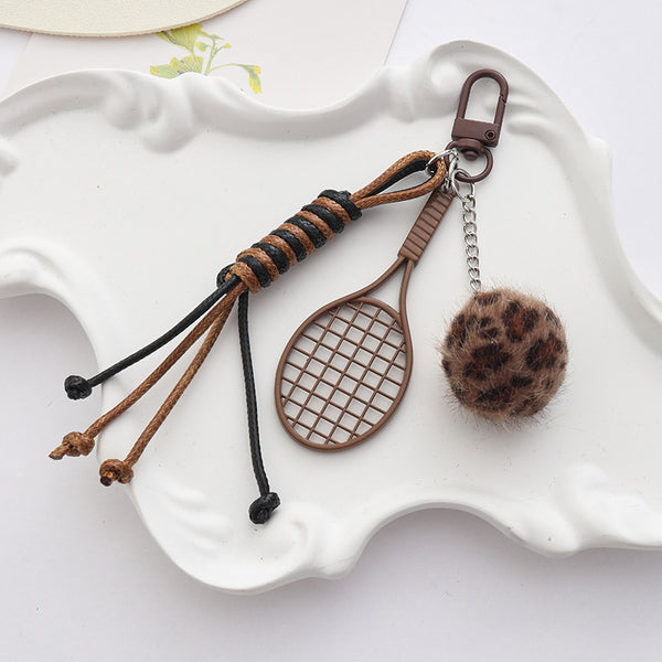 Brown Sports Keychain Charm with Tennis Racket, Leopard Fuzzy Ball & Braided Cord