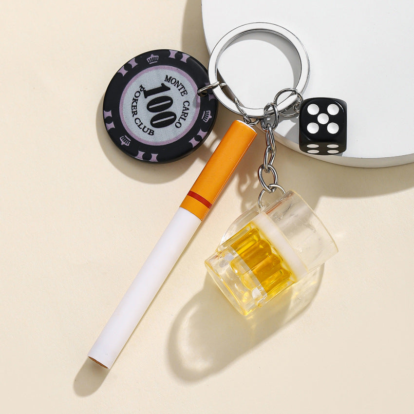 Casino Night Keychain Charm with Cigarette, Beer Mug, Dice & Poker Chip