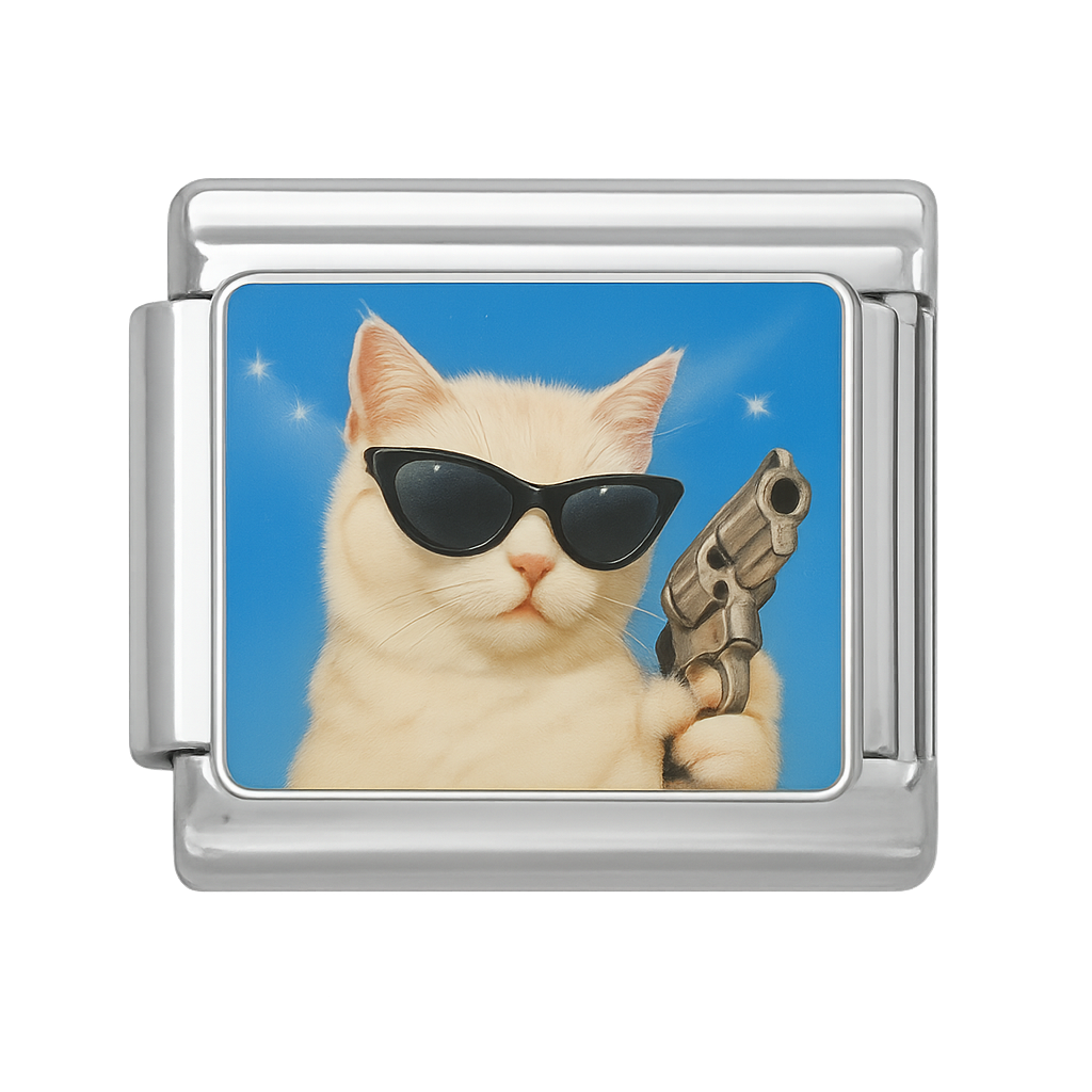 Cat with Sunglasses and Revolver Silver Charm
