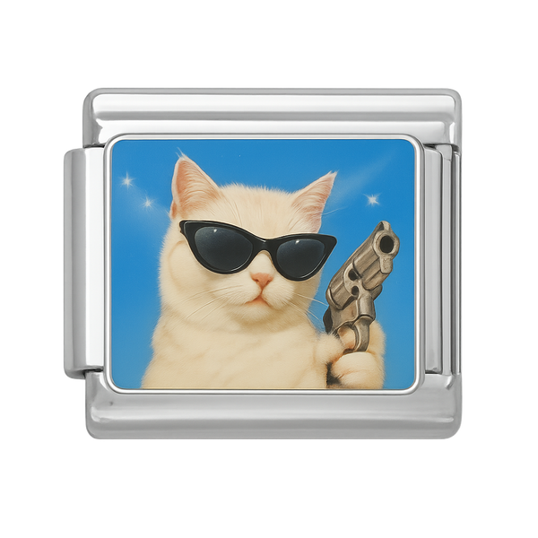 Cat with Sunglasses and Revolver Silver Charm
