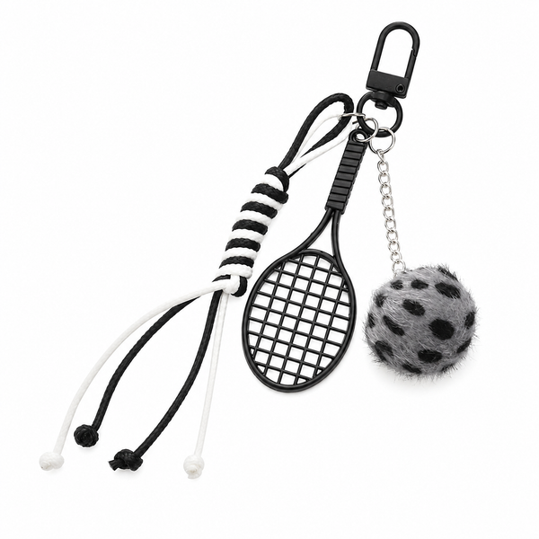 Black Sports Keychain Charm with Tennis Racket, Fuzzy Ball & Braided Cord