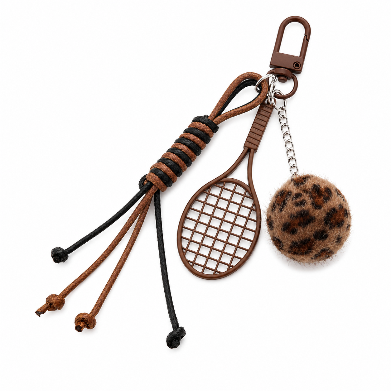 Brown Sports Keychain Charm with Tennis Racket, Leopard Fuzzy Ball & Braided Cord