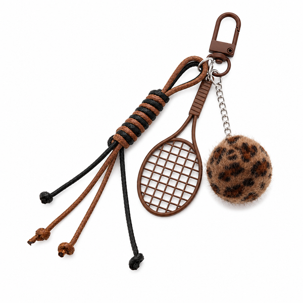 Brown Sports Keychain Charm with Tennis Racket, Leopard Fuzzy Ball & Braided Cord