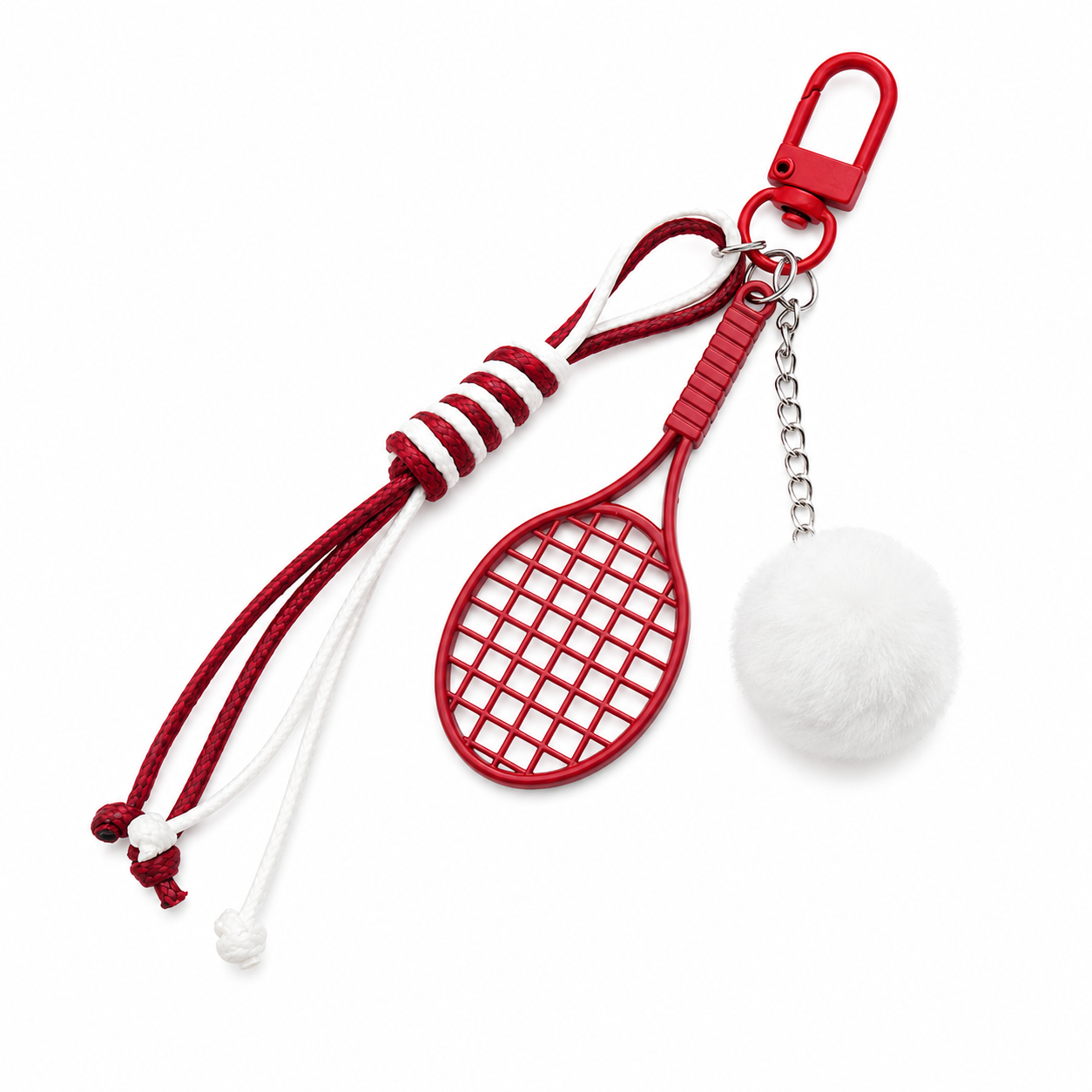 Red Sports Keychain Charm with Tennis Racket, White Fuzzy Ball & Braided Cord