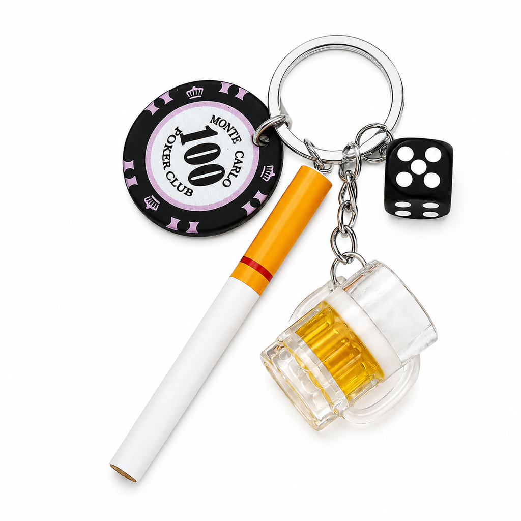 Casino Night Keychain Charm with Cigarette, Beer Mug, Dice & Poker Chip
