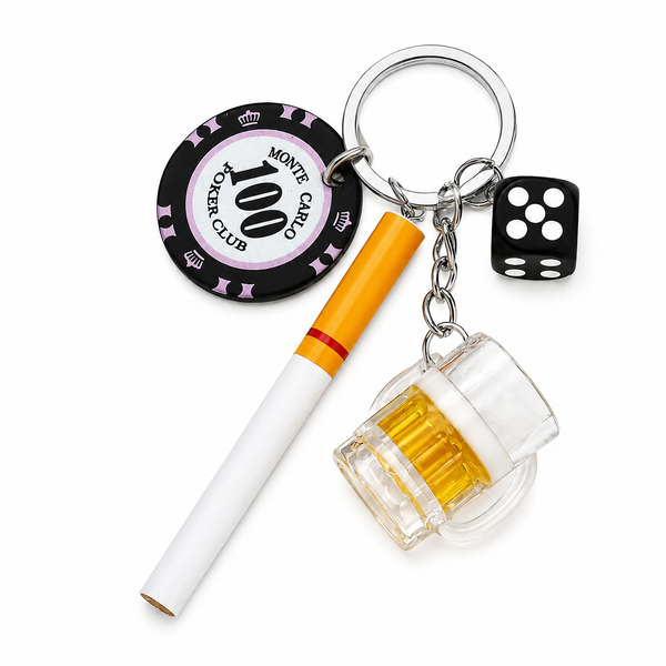 Casino Night Keychain Charm with Cigarette, Beer Mug, Dice & Poker Chip
