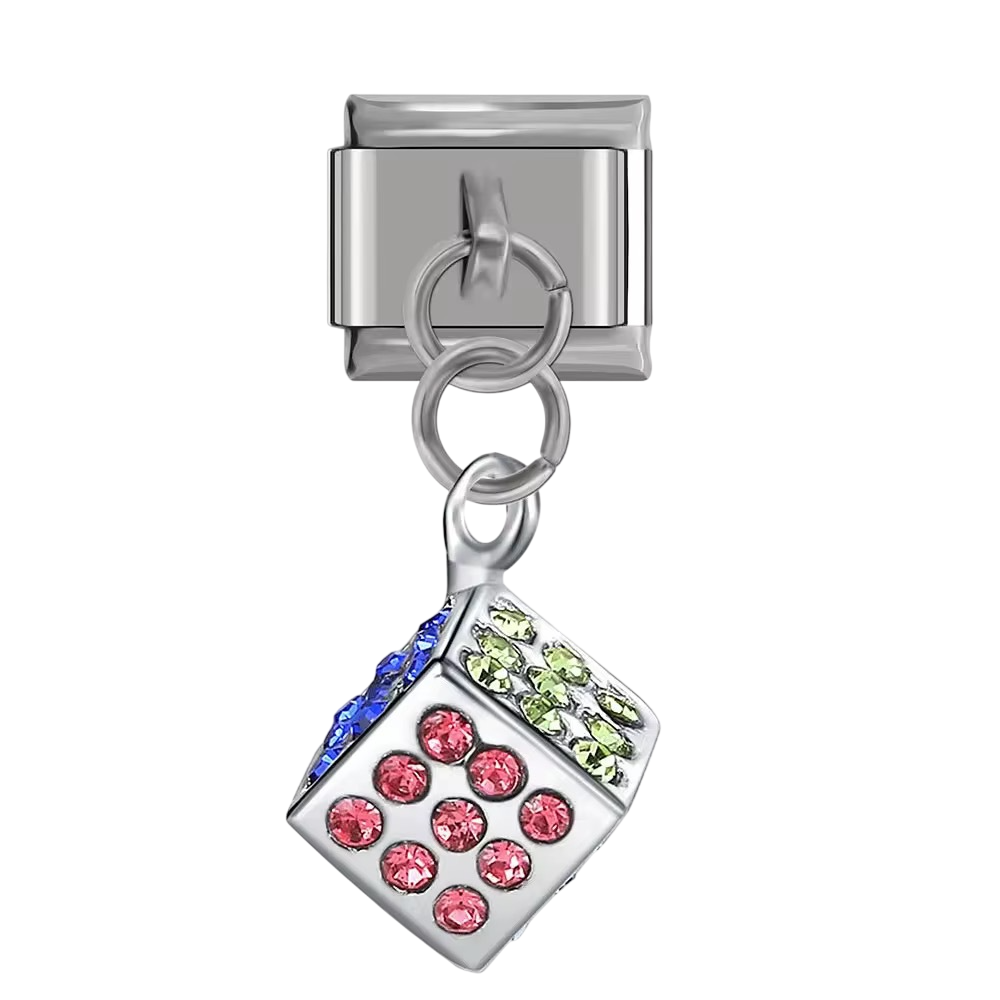Colorful Crystal Dice Dangle Silver Charm