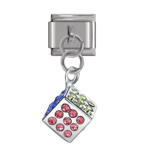 Colorful Crystal Dice Dangle Silver Charm