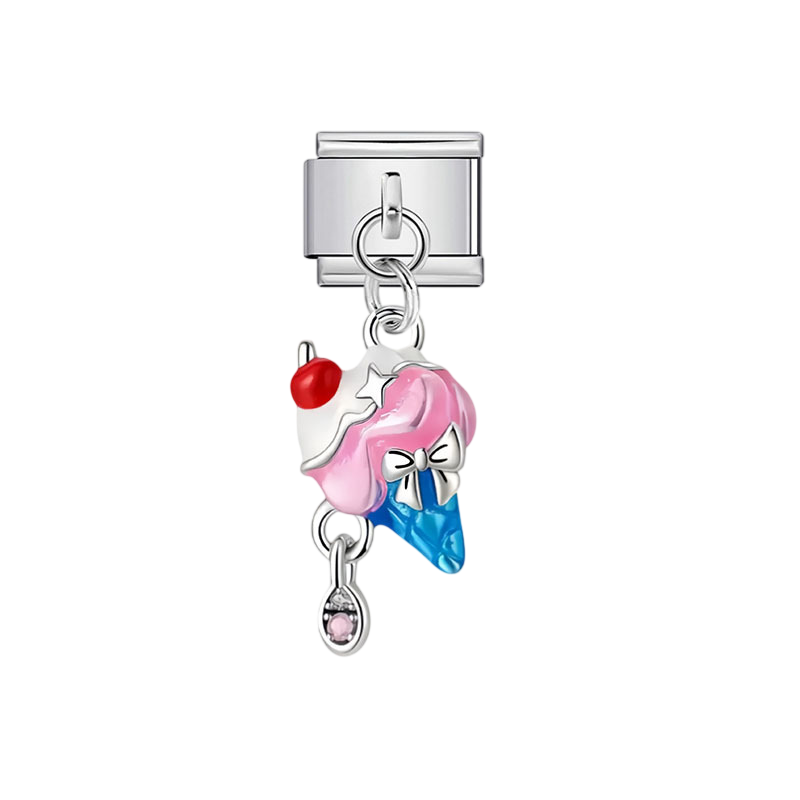 Cute Cherry Ice Cream Cone Dangle Silver Charm