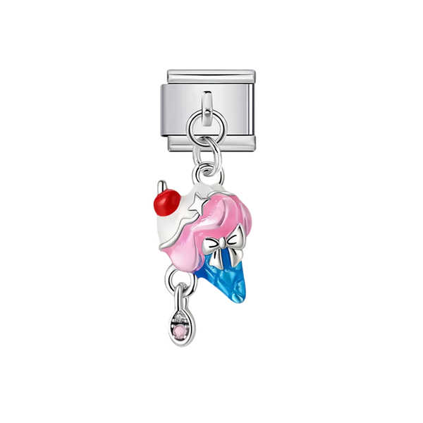 Cute Cherry Ice Cream Cone Dangle Silver Charm