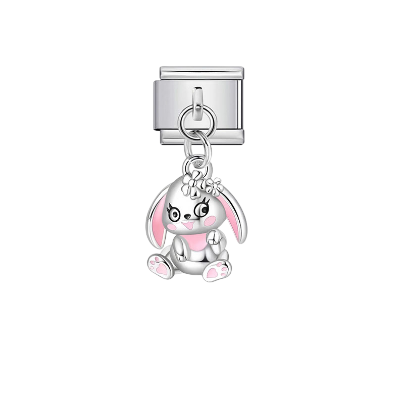Cute Pink Bunny Dangle Silver Charm