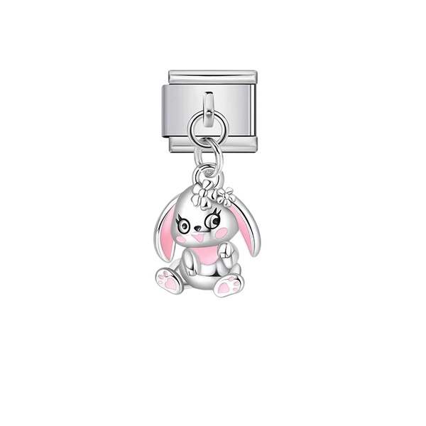 Cute Pink Bunny Dangle Silver Charm