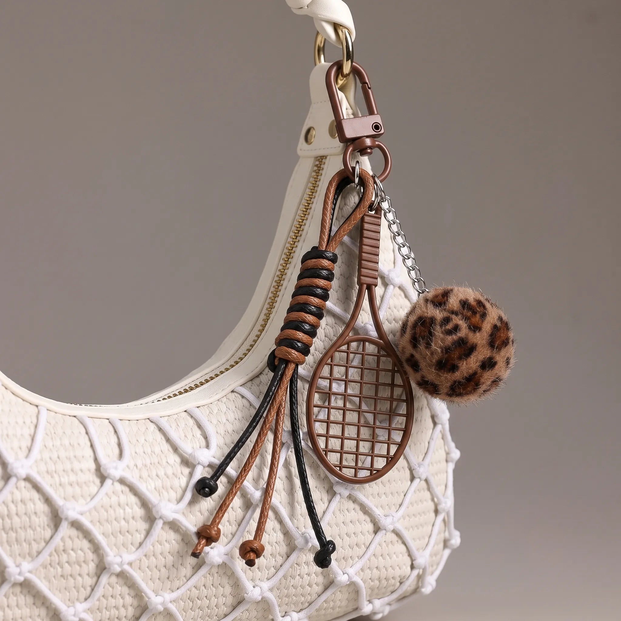 Brown Sports Keychain Charm with Tennis Racket, Leopard Fuzzy Ball & Braided Cord