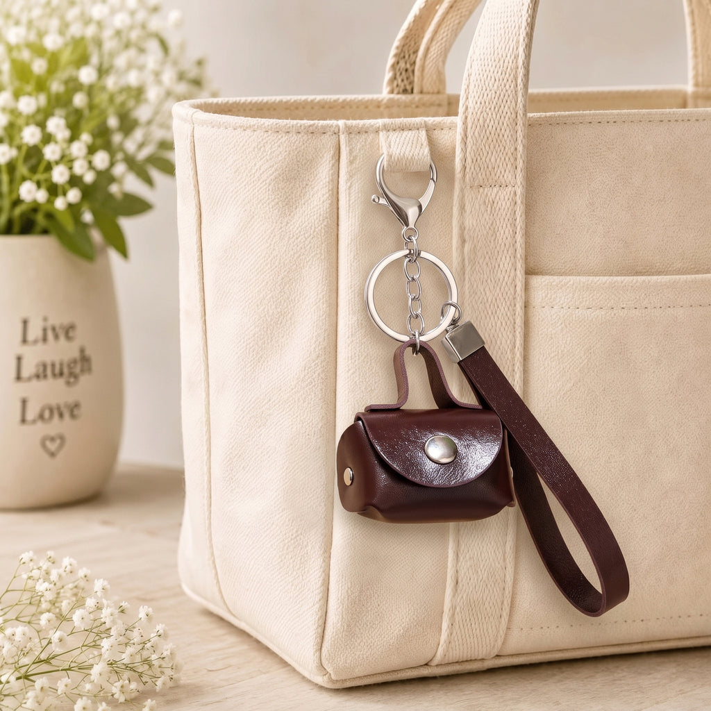 Minimalist Brown Mini Coin Pouch Bag Charm with Wrist Strap