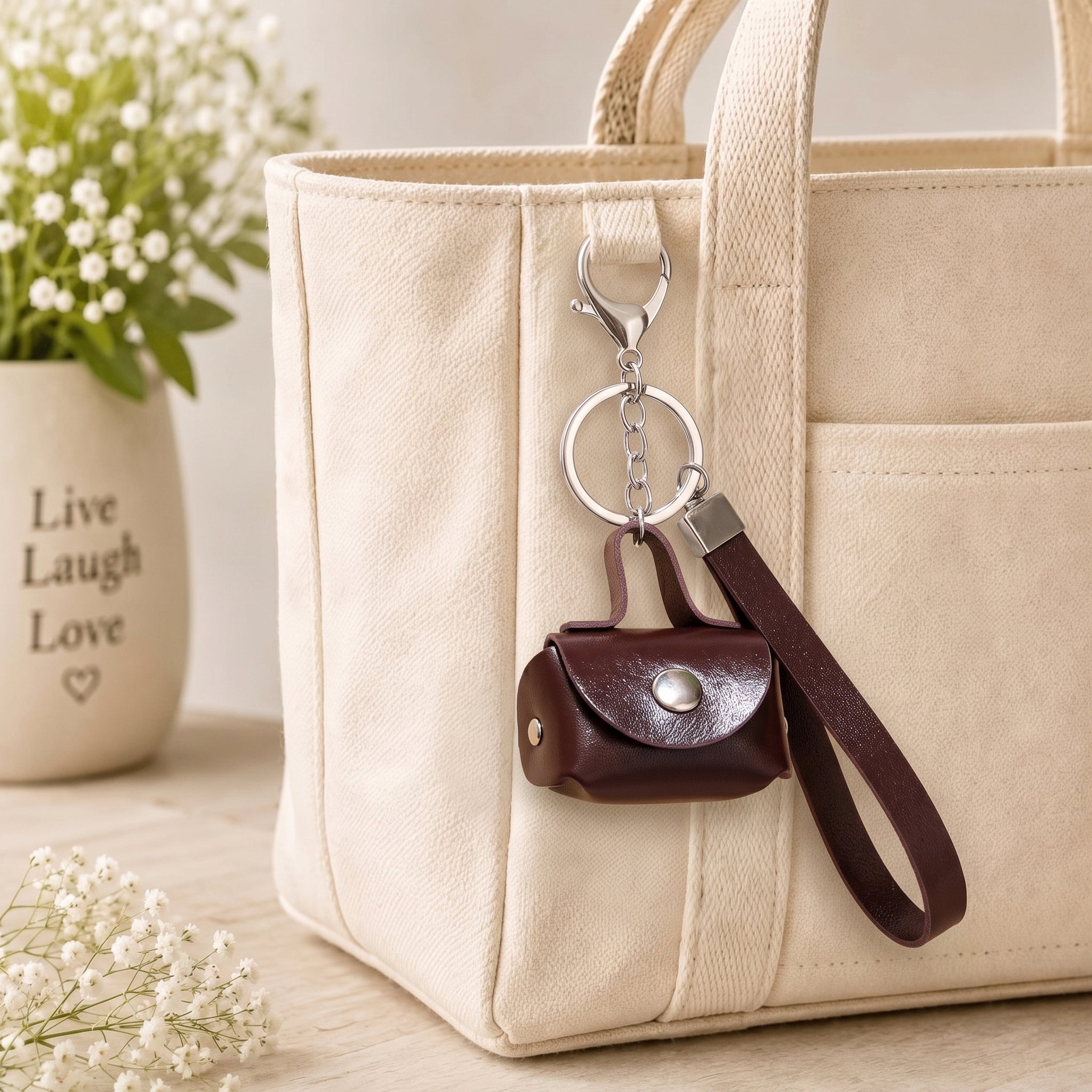 Minimalist Brown Mini Coin Pouch Bag Charm with Wrist Strap