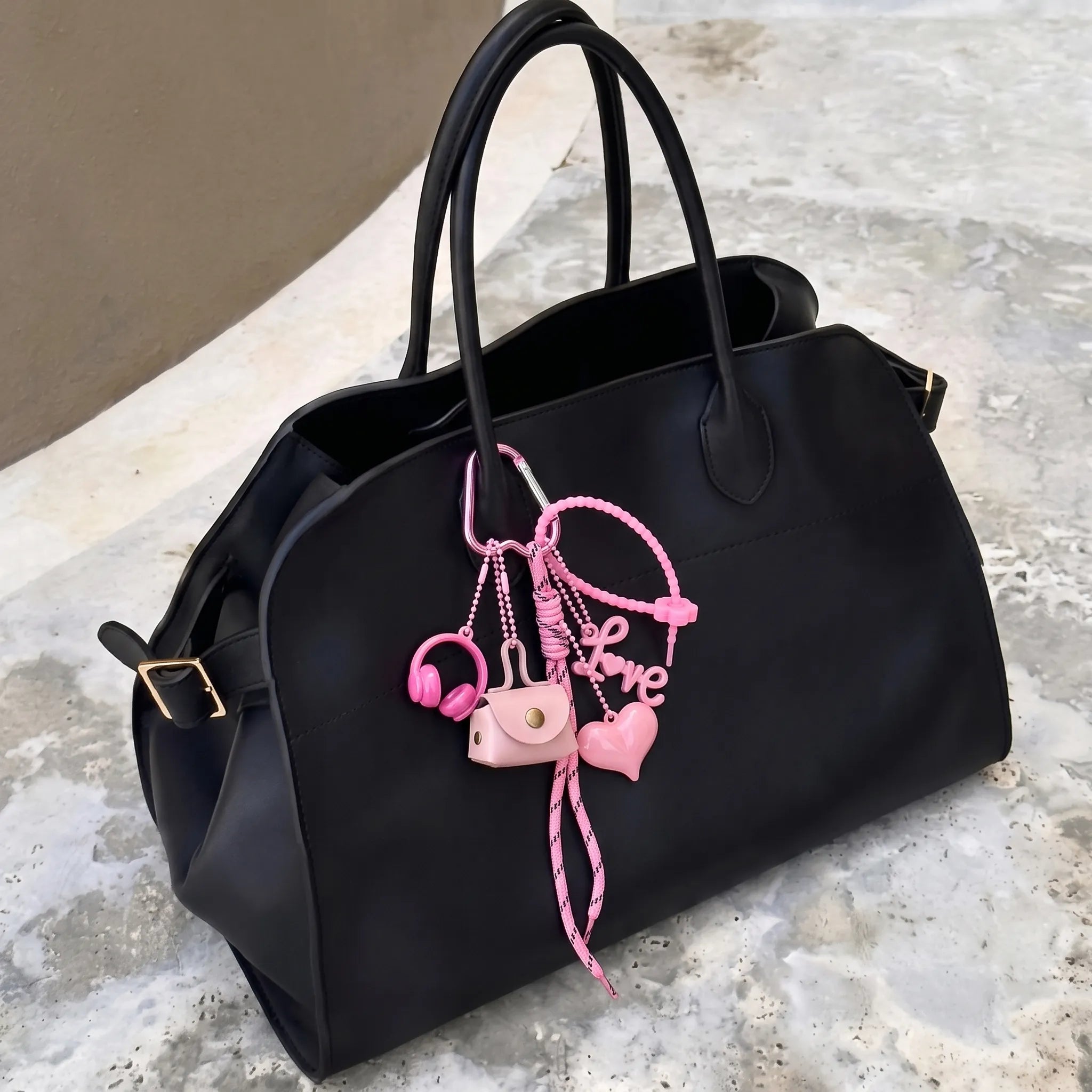 Pink Aesthetic Bag Charm with Heart, Headphones, Mini Coin Pouch & Love Ch