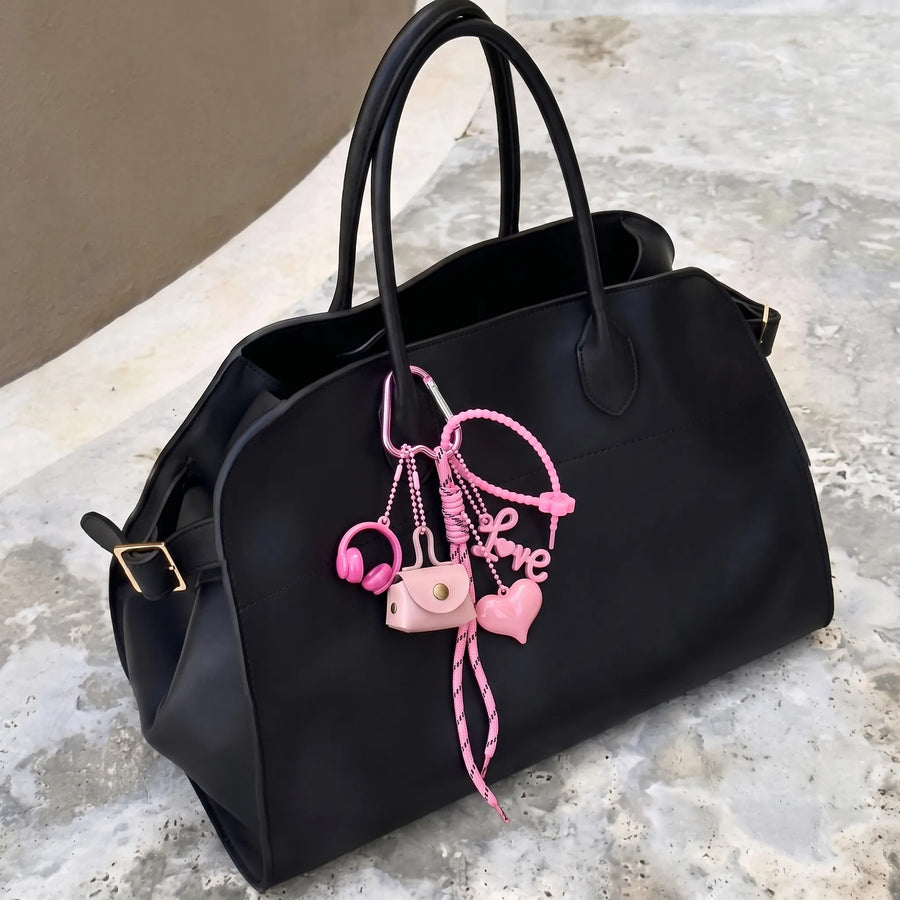 Pink Aesthetic Bag Charm with Heart, Headphones, Mini Coin Pouch & Love Ch