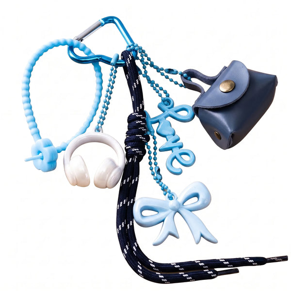Blue Aesthetic Bag Charm with Bow, Headphones, Mini Coin Pouch & Love Charm