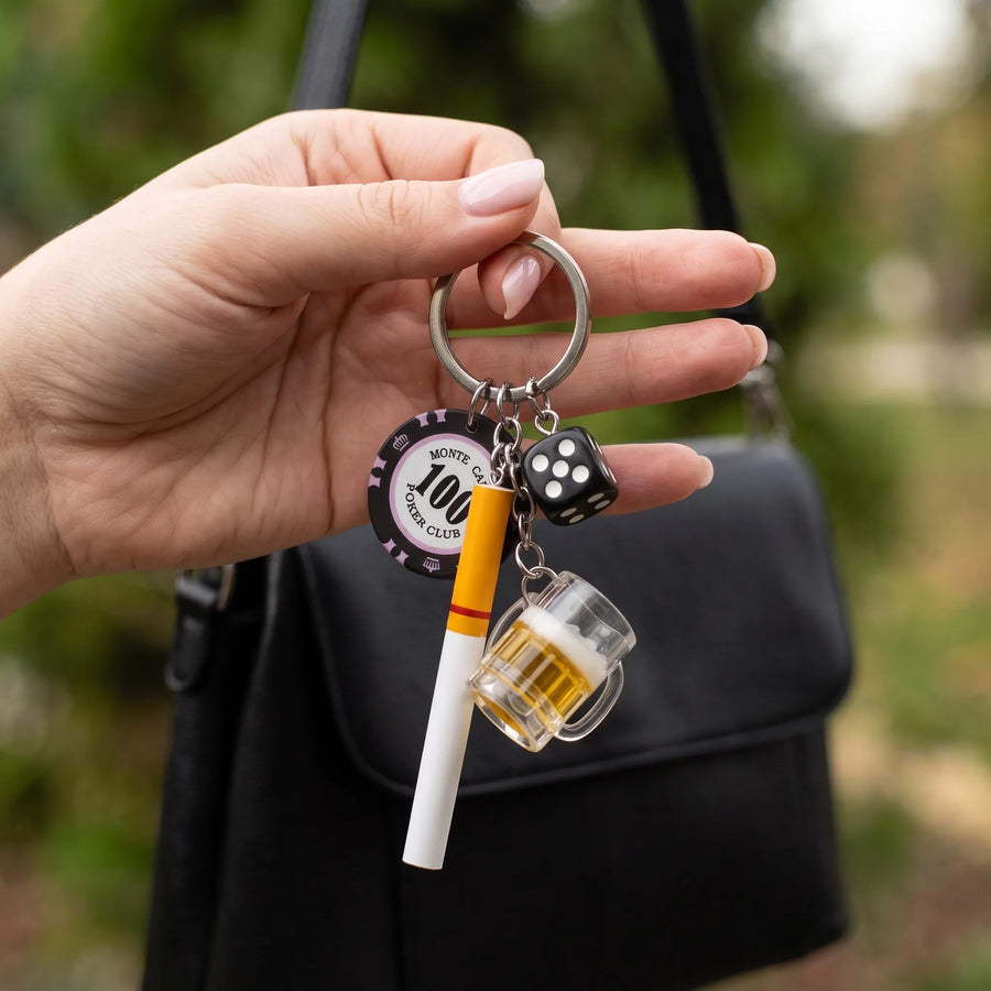 Casino Night Keychain Charm with Cigarette, Beer Mug, Dice & Poker Chip