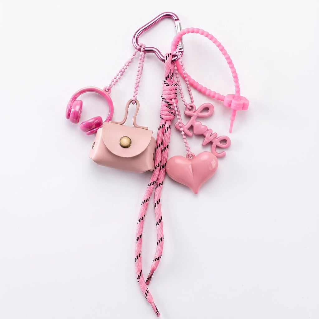 Pink Aesthetic Bag Charm with Heart, Headphones, Mini Coin Pouch & Love Ch