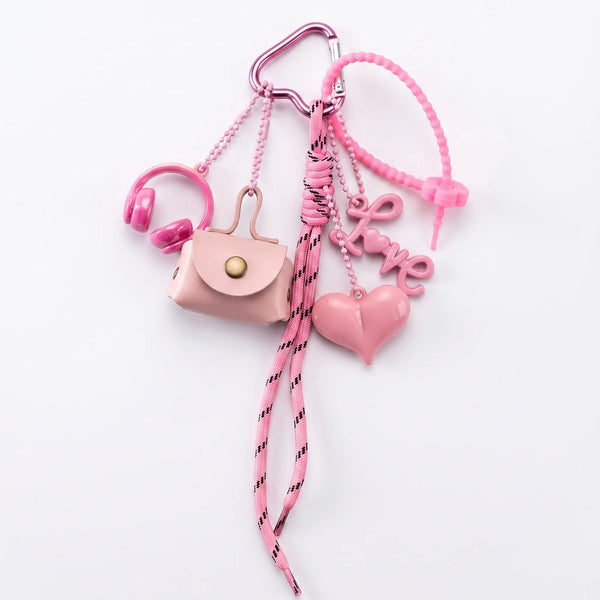 Pink Aesthetic Bag Charm with Heart, Headphones, Mini Coin Pouch & Love Ch
